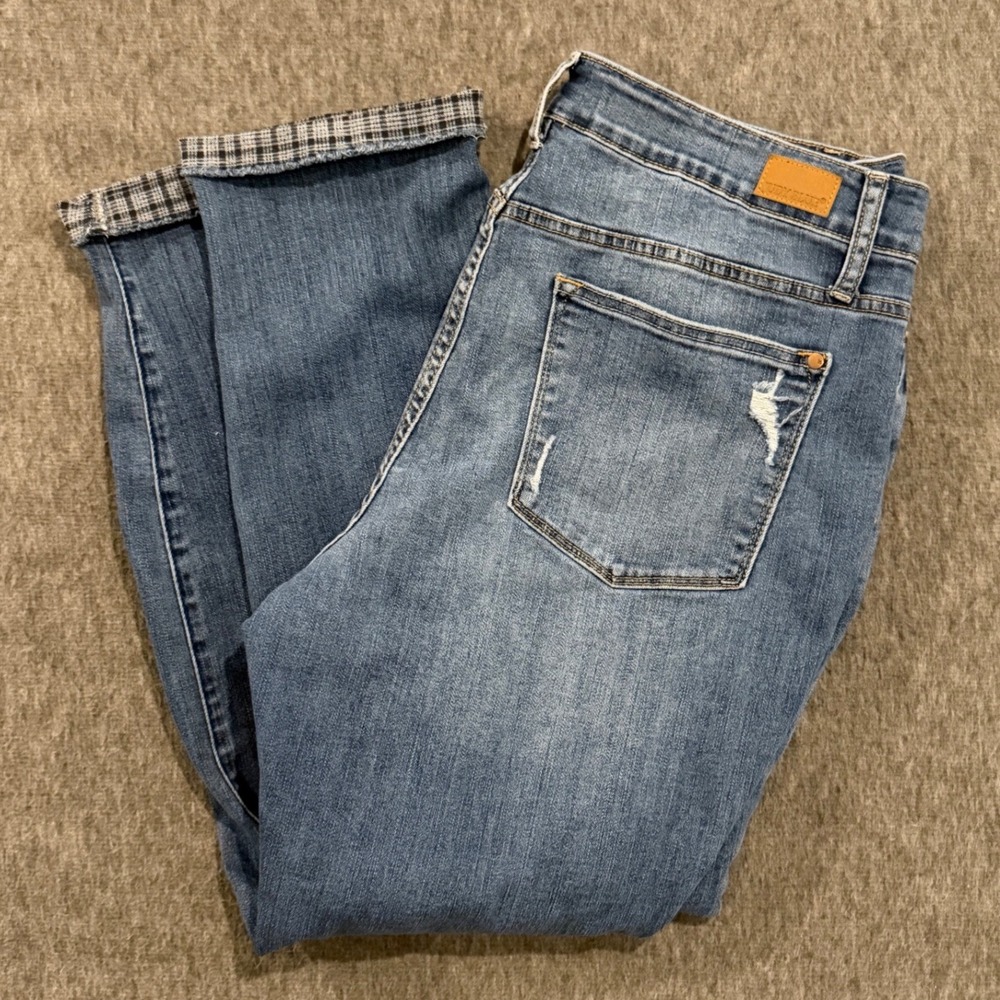 Judy Blue Slim Fit Plaid Lined Raw Hem Distressed Jeans Medium Wash 18W JB88358